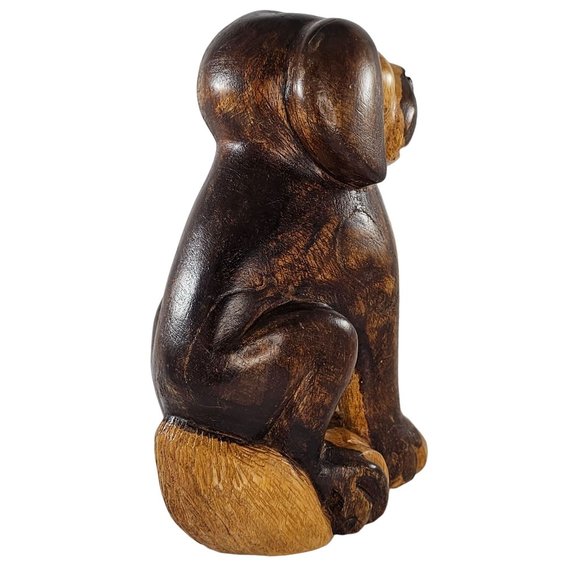Vintage Wood Carved Dog Sitting Sculpture Folk Art 7 Inch Two Toned - Picture 3 of 8